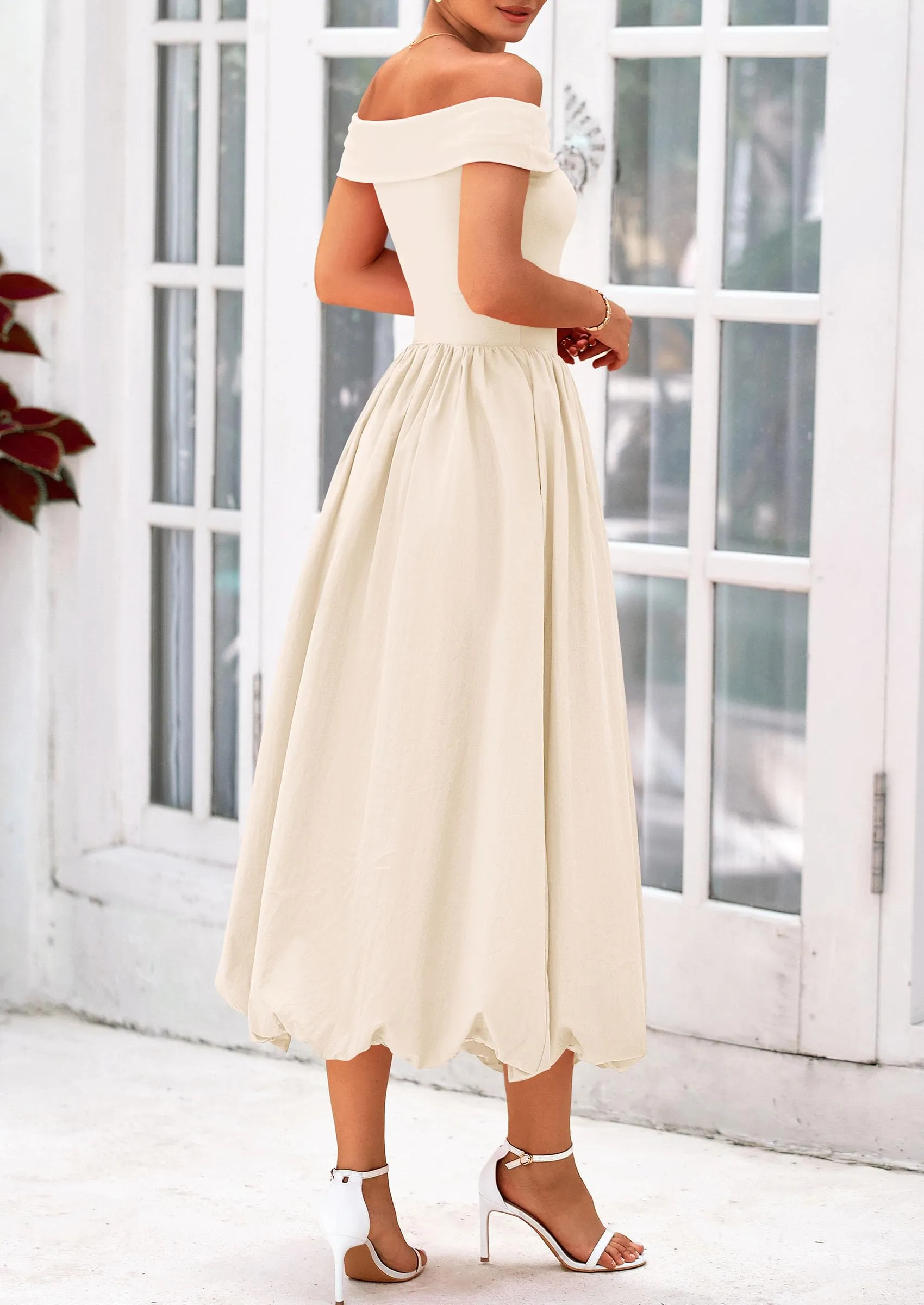 Off Shoulder Sleeveless A Line Midi Dress with Pockets