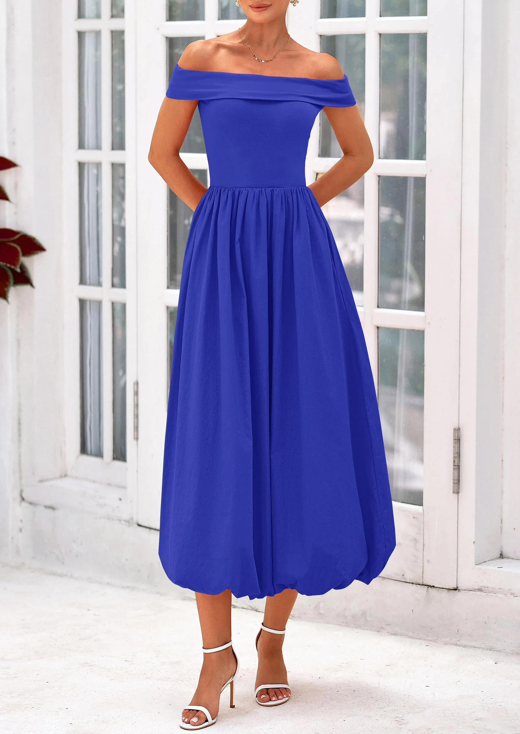 Off Shoulder Sleeveless A Line Midi Dress with Pockets