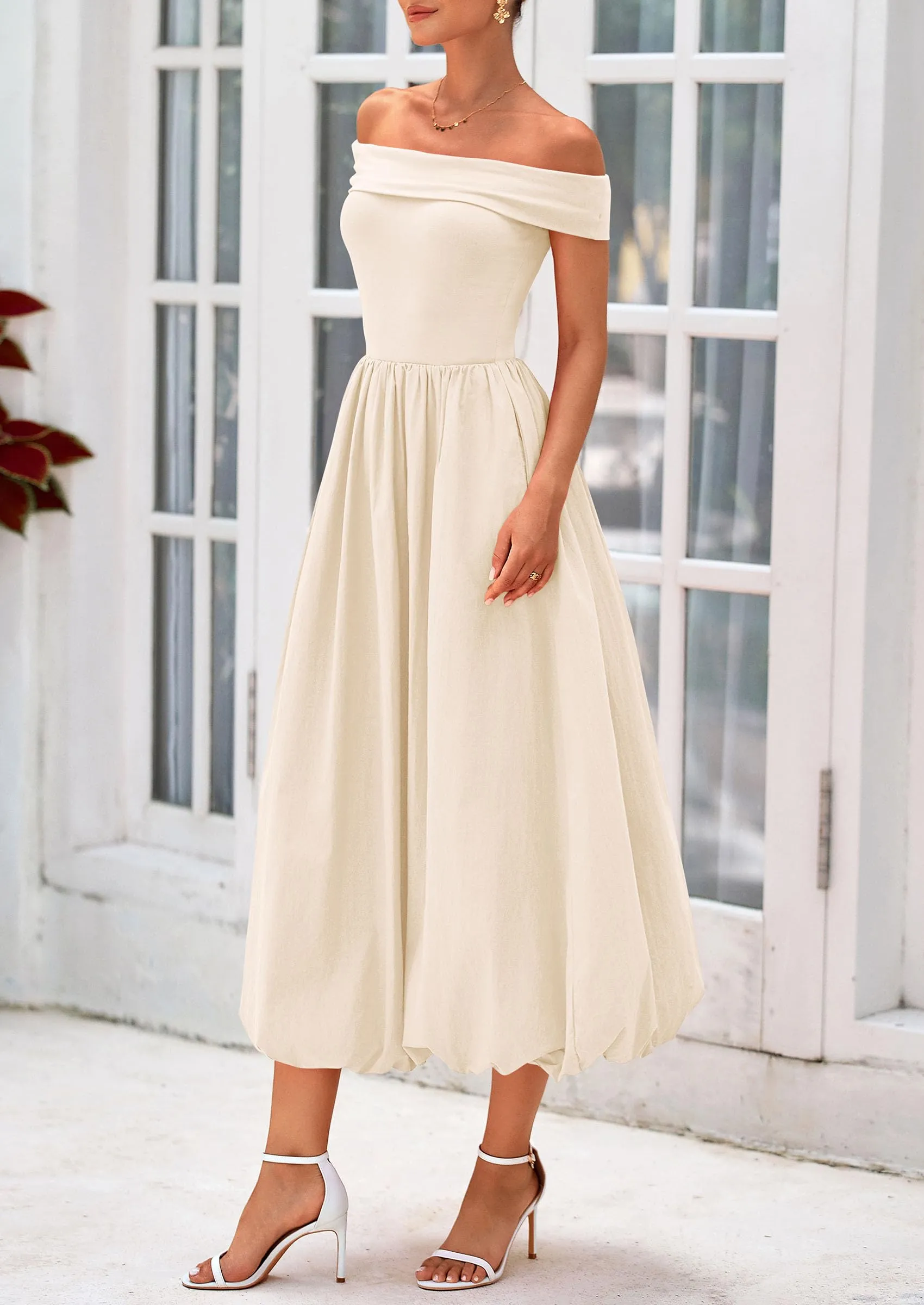 Off Shoulder Sleeveless A Line Midi Dress with Pockets