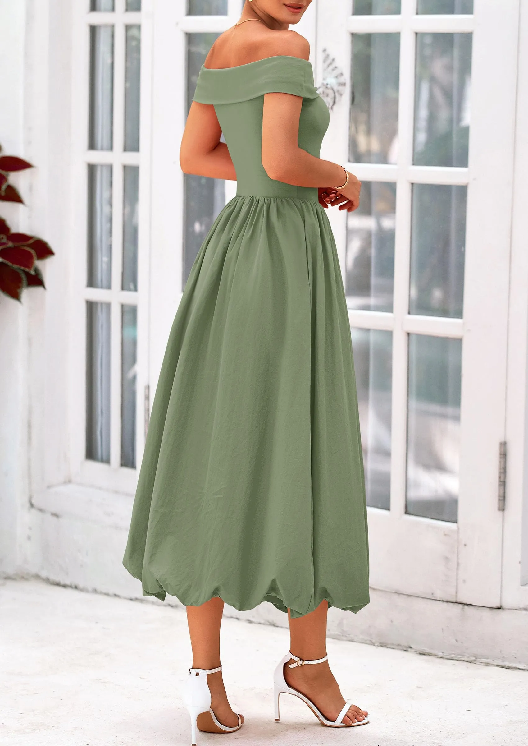 Off Shoulder Sleeveless A Line Midi Dress with Pockets