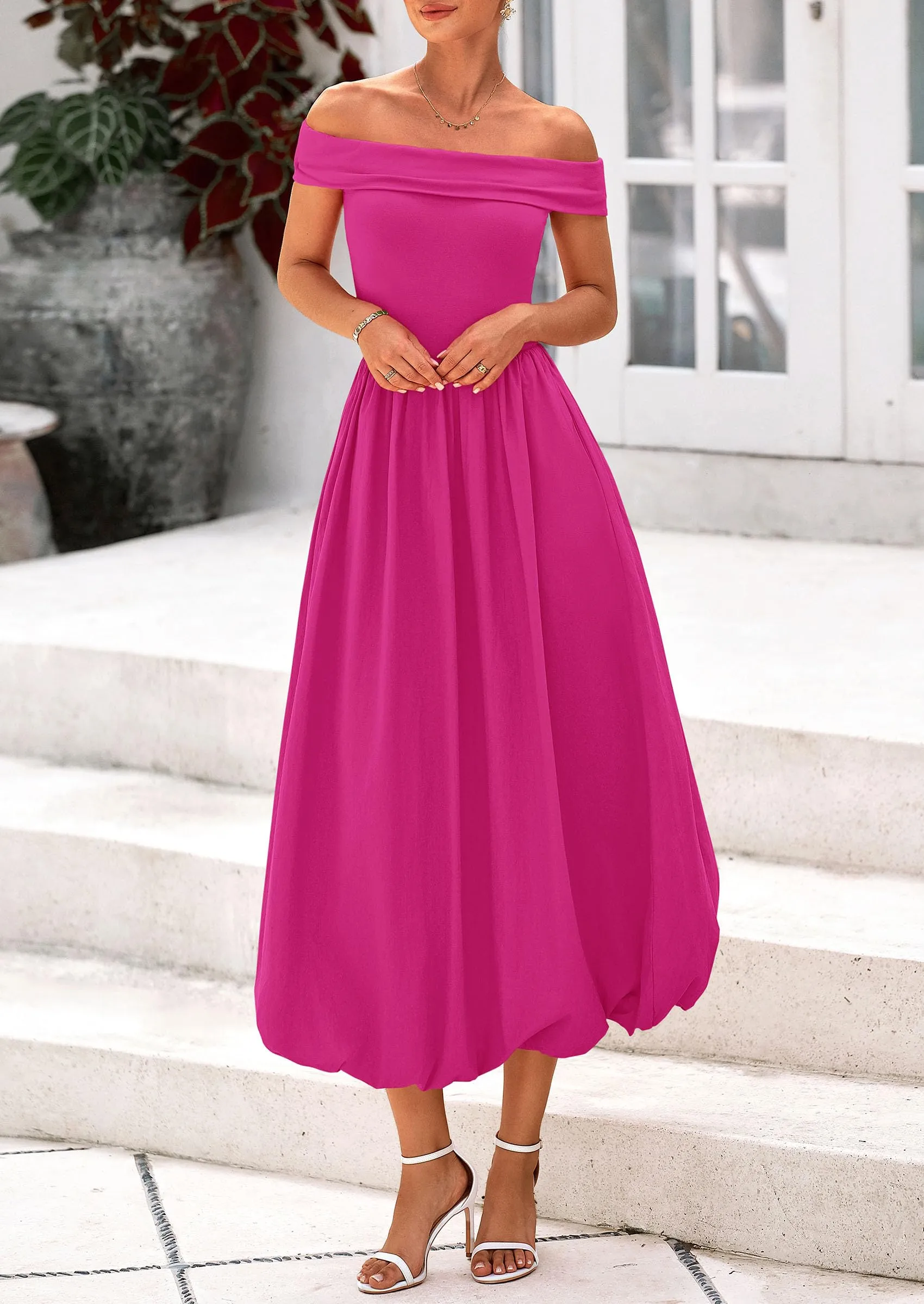 Off Shoulder Sleeveless A Line Midi Dress with Pockets