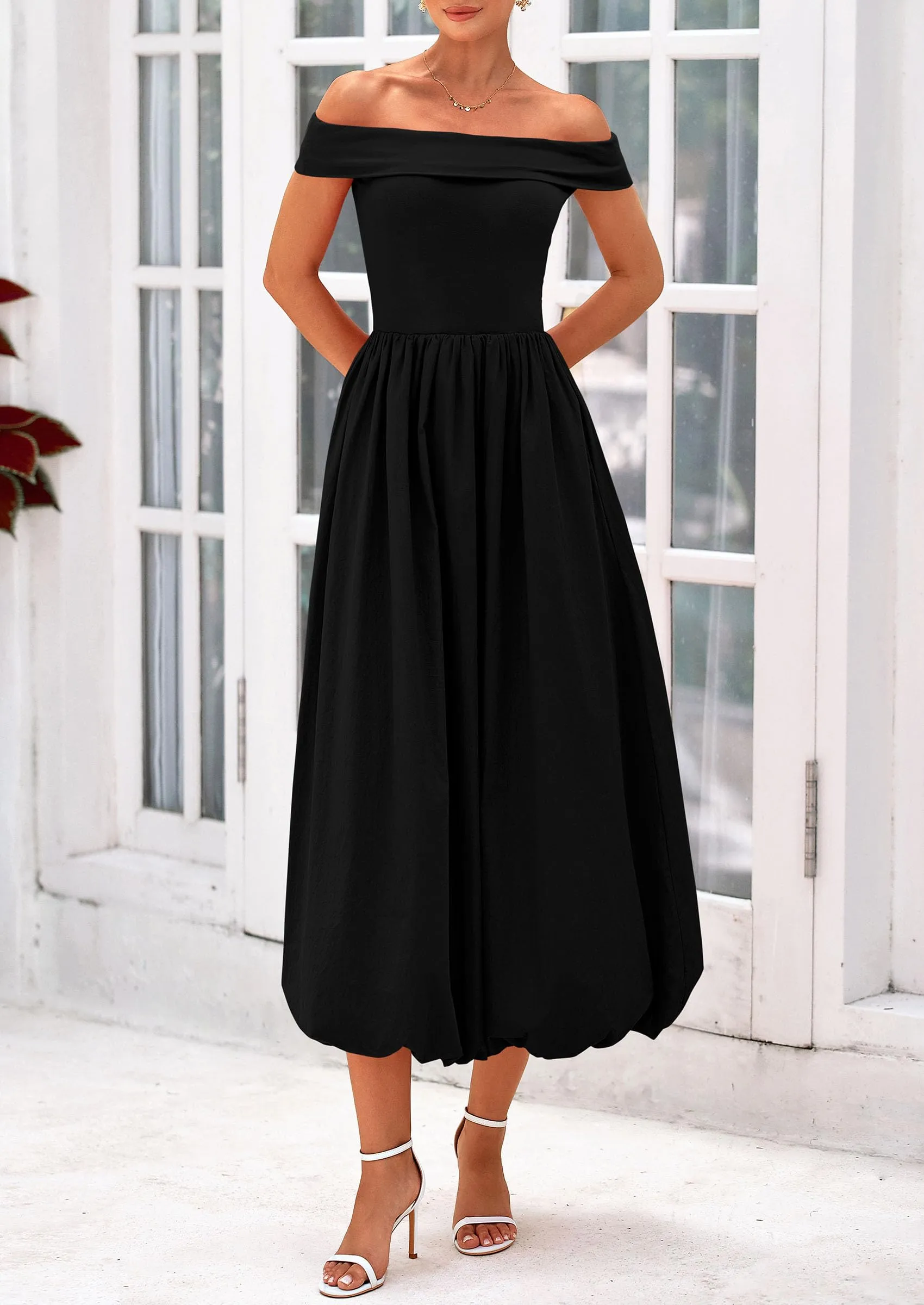 Off Shoulder Sleeveless A Line Midi Dress with Pockets