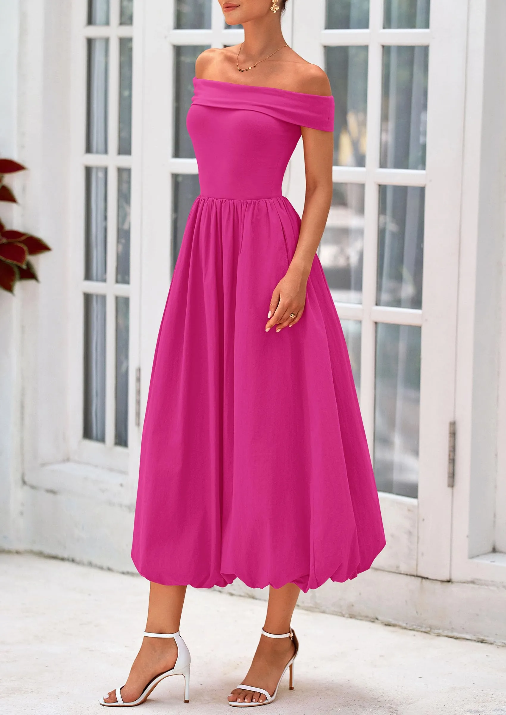 Off Shoulder Sleeveless A Line Midi Dress with Pockets