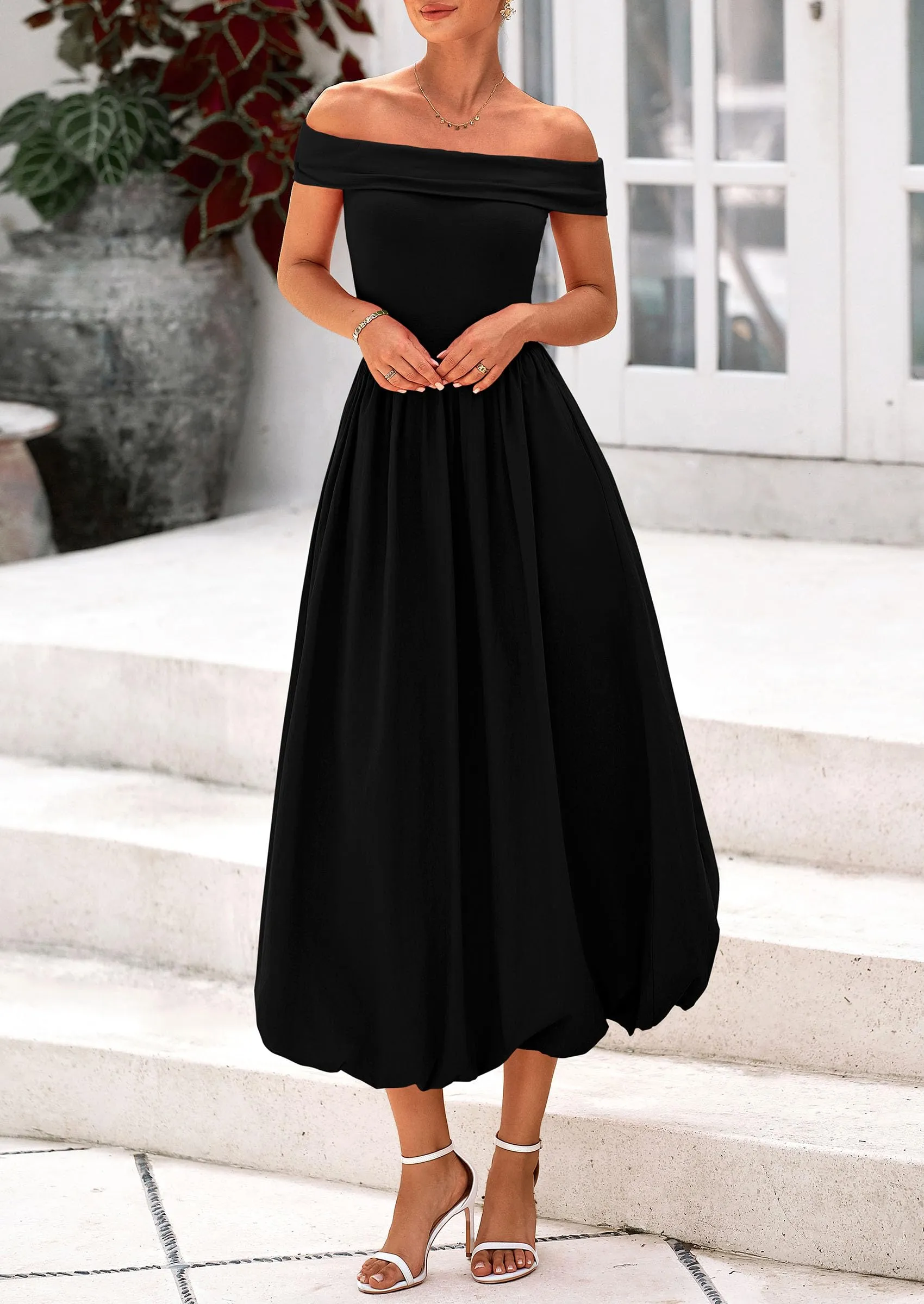Off Shoulder Sleeveless A Line Midi Dress with Pockets