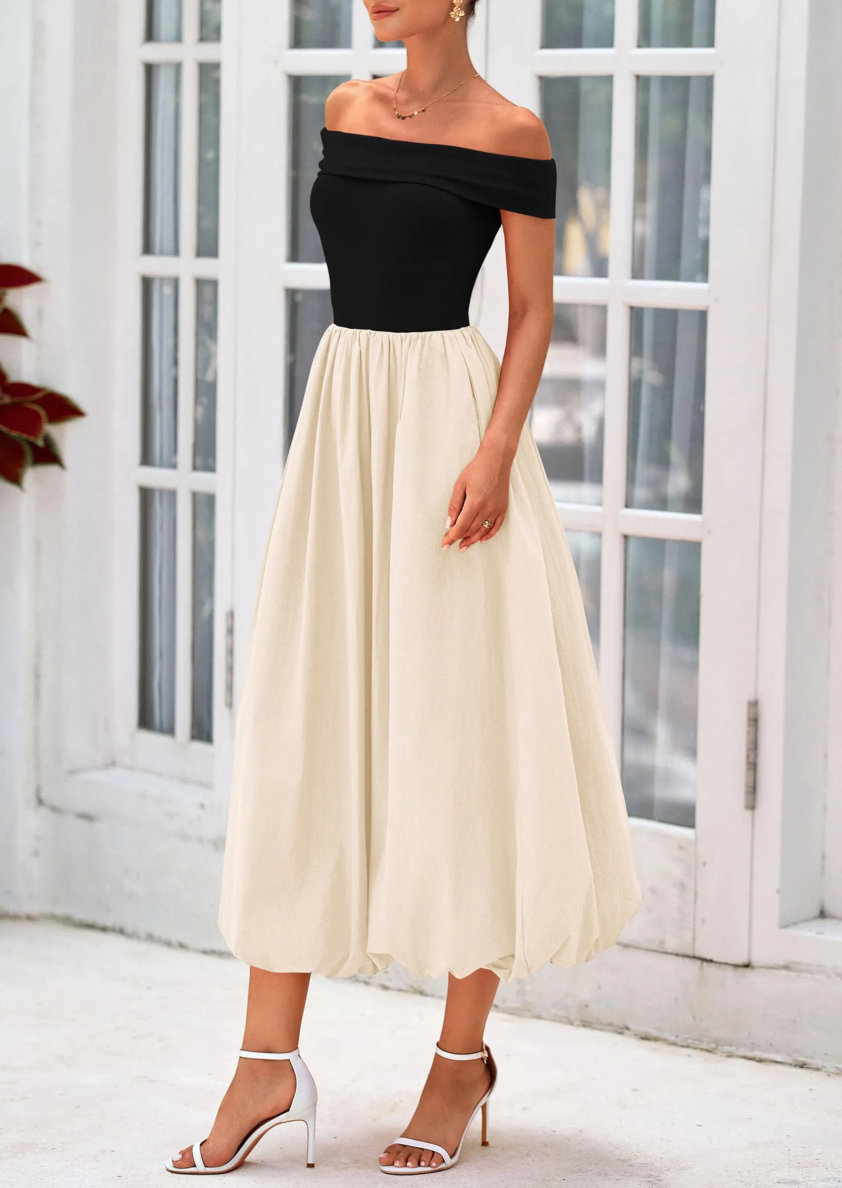 Off Shoulder Sleeveless A Line Midi Dress with Pockets
