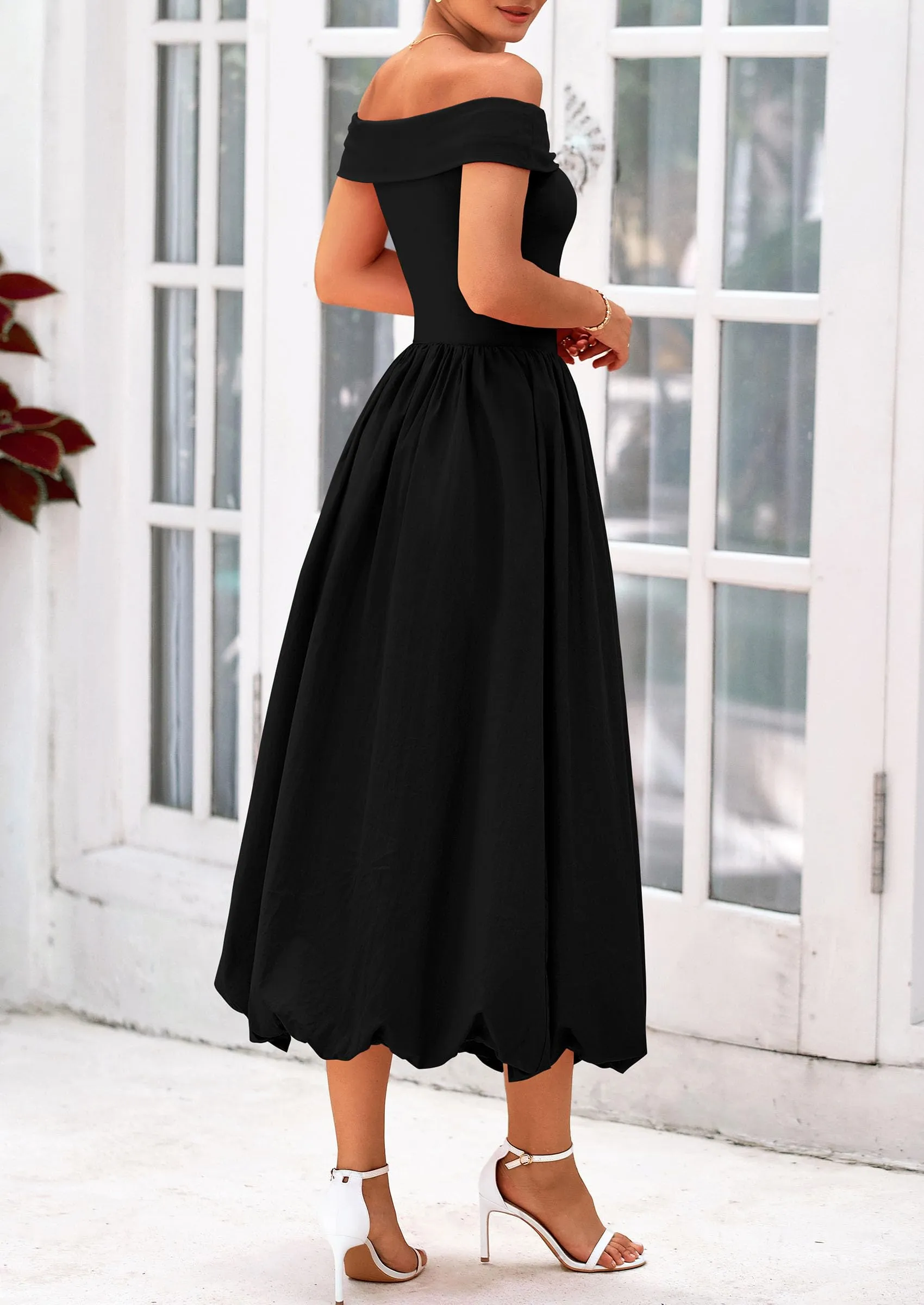 Off Shoulder Sleeveless A Line Midi Dress with Pockets