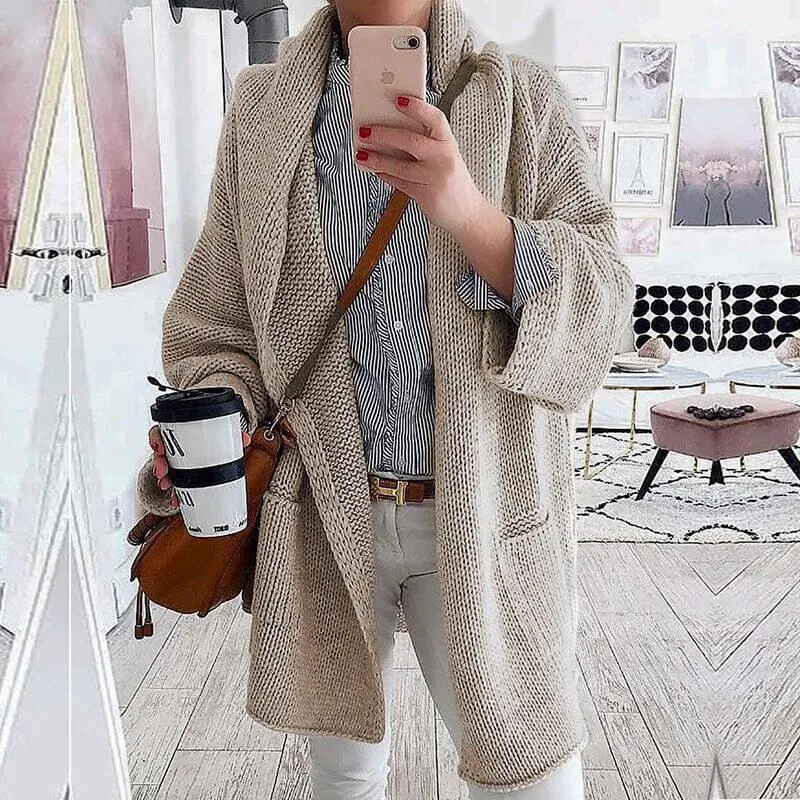 Open Front Pockets Knit Long Cardigan