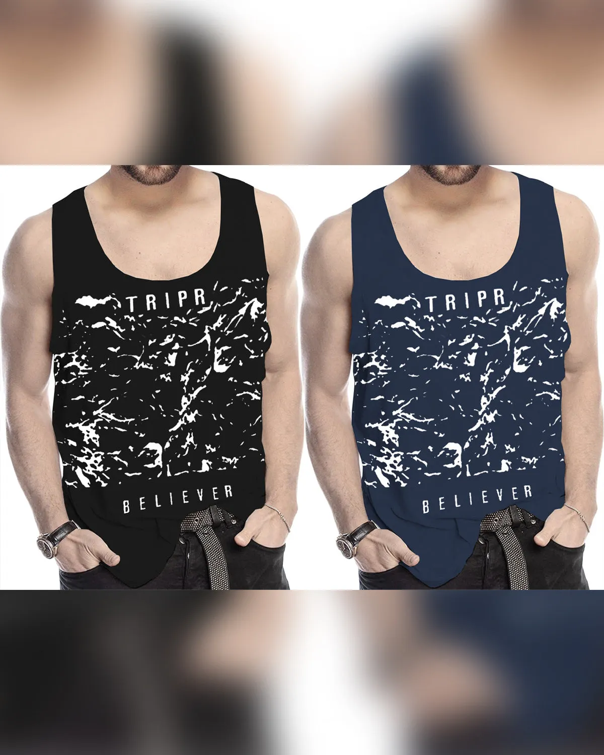 (Pack of 2) Men Printed Vest / Black & Navyblue