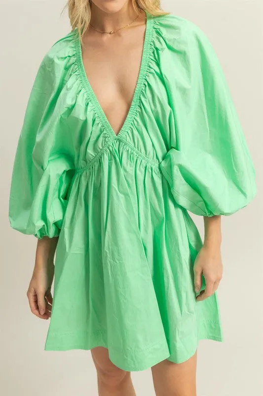Patina Green Dolman Sleeve V Neck Poplin Mini Dress