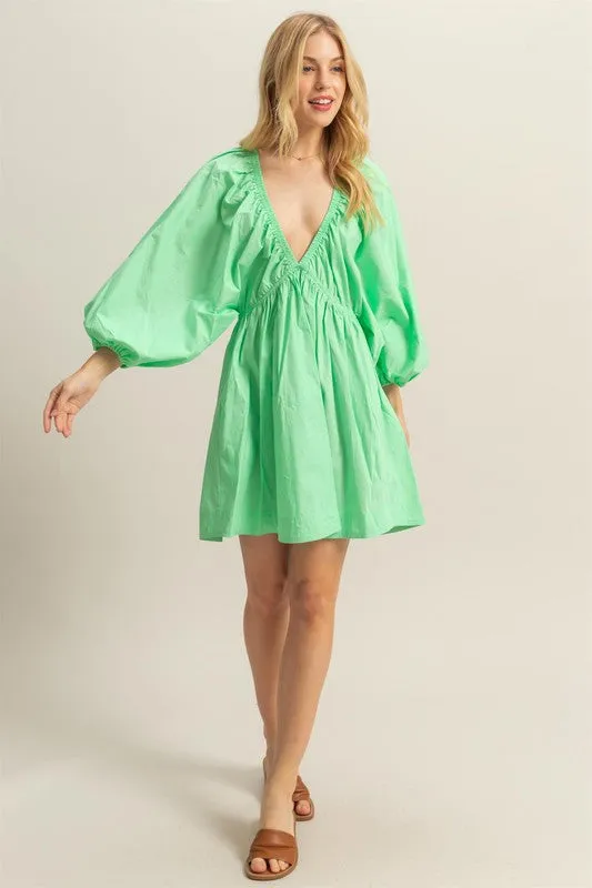 Patina Green Dolman Sleeve V Neck Poplin Mini Dress