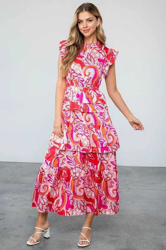 Pink/ Red Floral Tiered Ruffle Maxi Dress