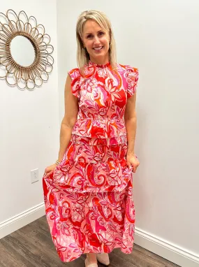 Pink/ Red Floral Tiered Ruffle Maxi Dress