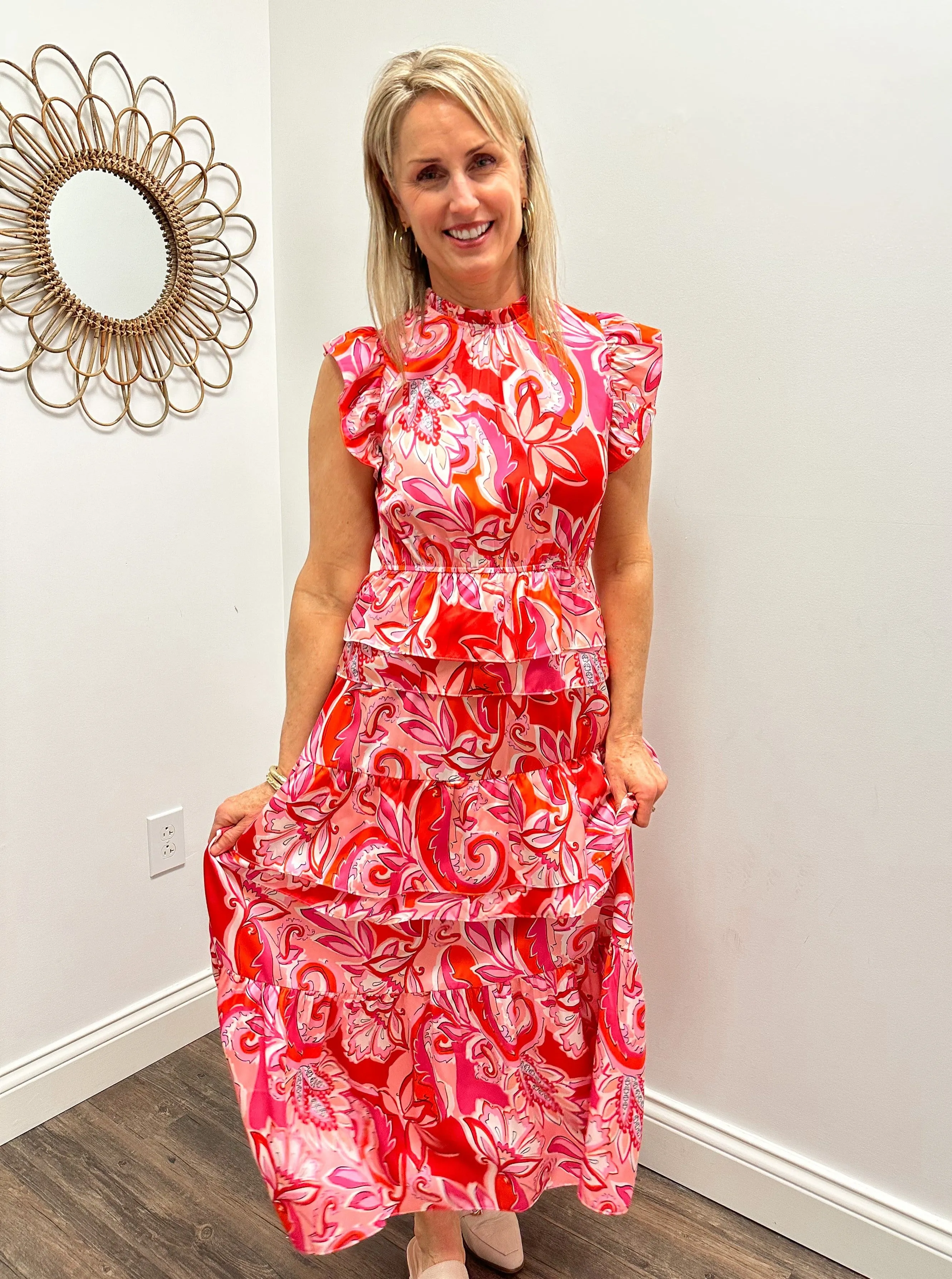 Pink/ Red Floral Tiered Ruffle Maxi Dress