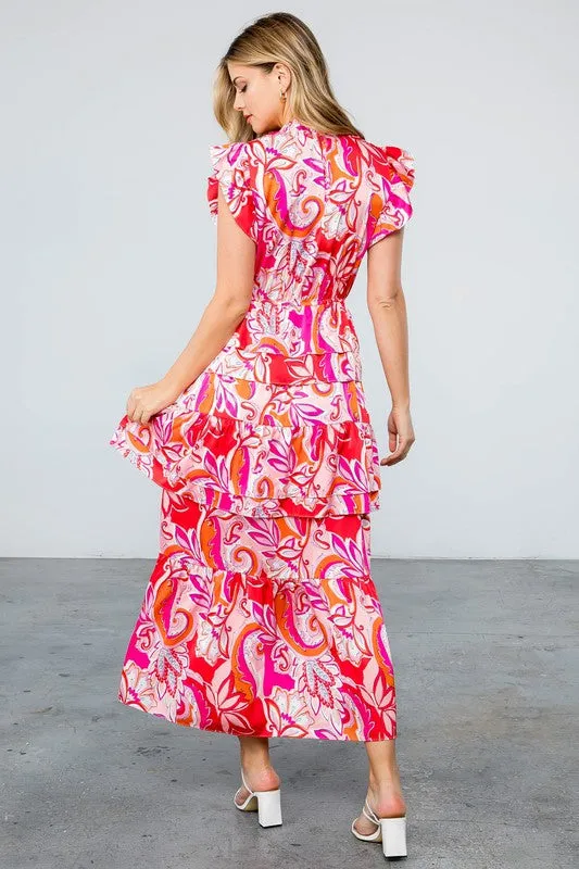 Pink/ Red Floral Tiered Ruffle Maxi Dress