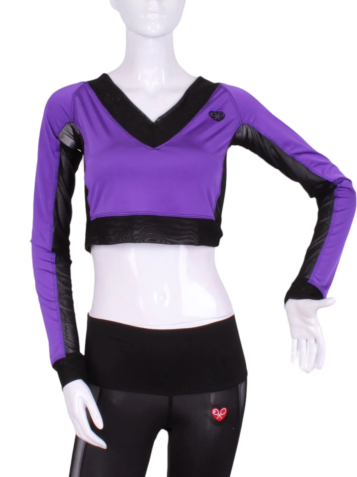 Purple Vee Crop Top with Black Mesh