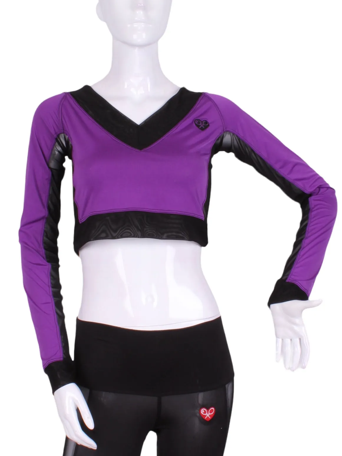 Purple Vee Crop Top with Black Mesh