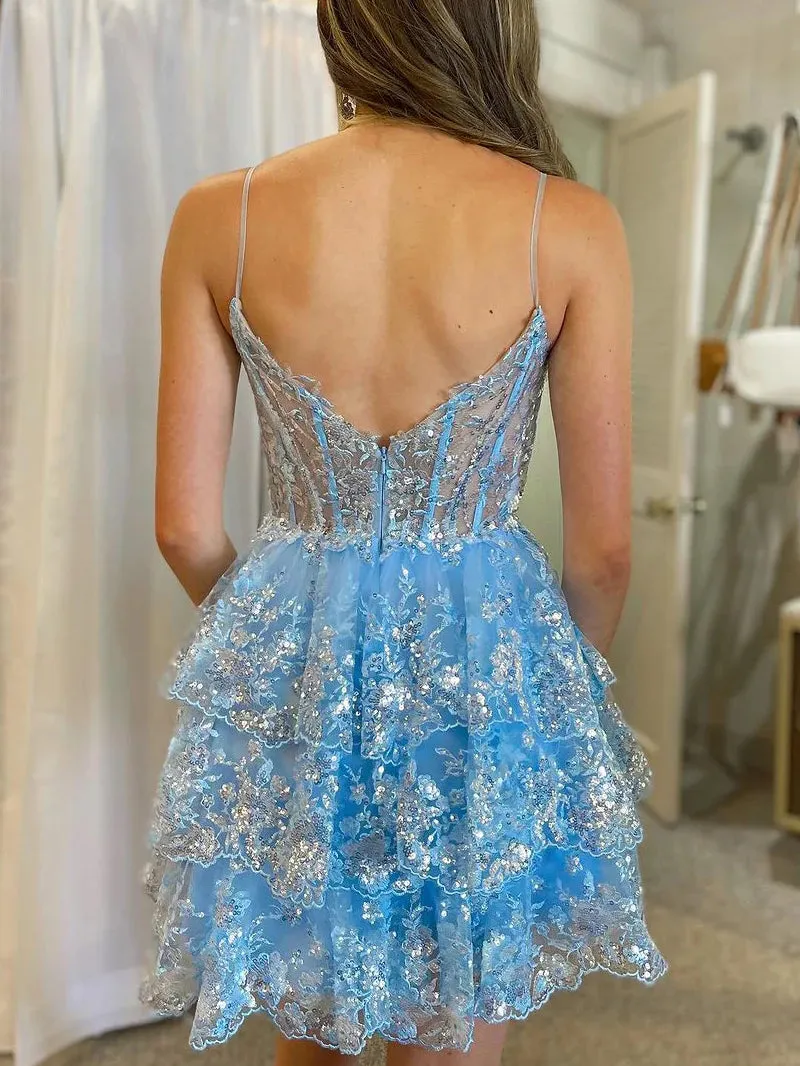 Sky Blue Sweetheart Neck Layered Sequins Lace Homecoming Dress Short Prom Dress PD2985