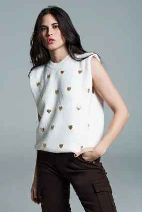 Sleeveless sweater in white with silver sequin hearts