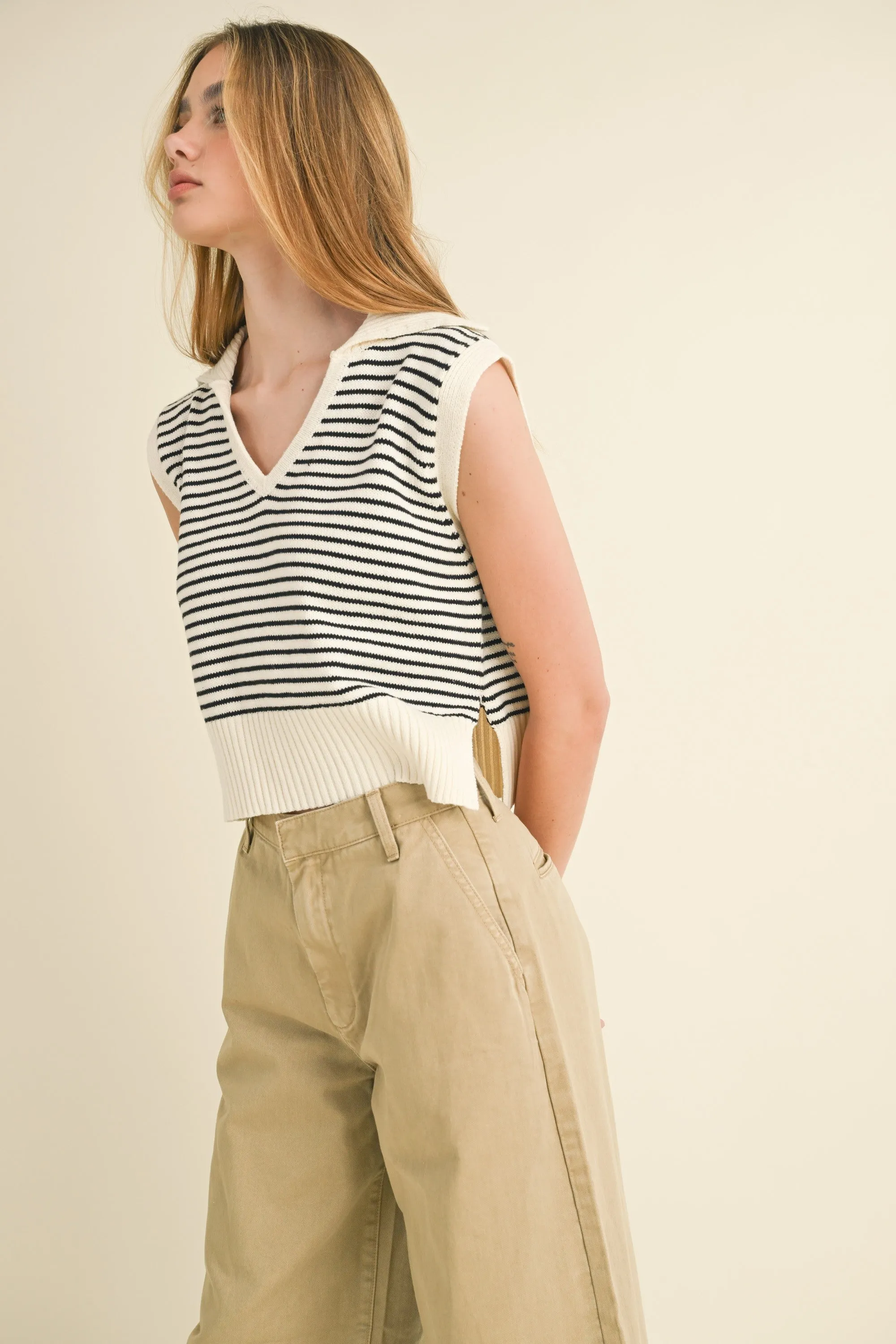 Soft Stripe Collared Knit Top