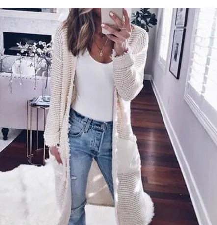 Solid Color Pockets Long Length Oversized Women Knit Cardigan