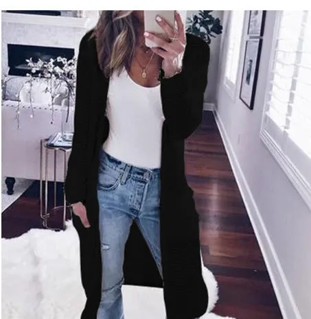 Solid Color Pockets Long Length Oversized Women Knit Cardigan