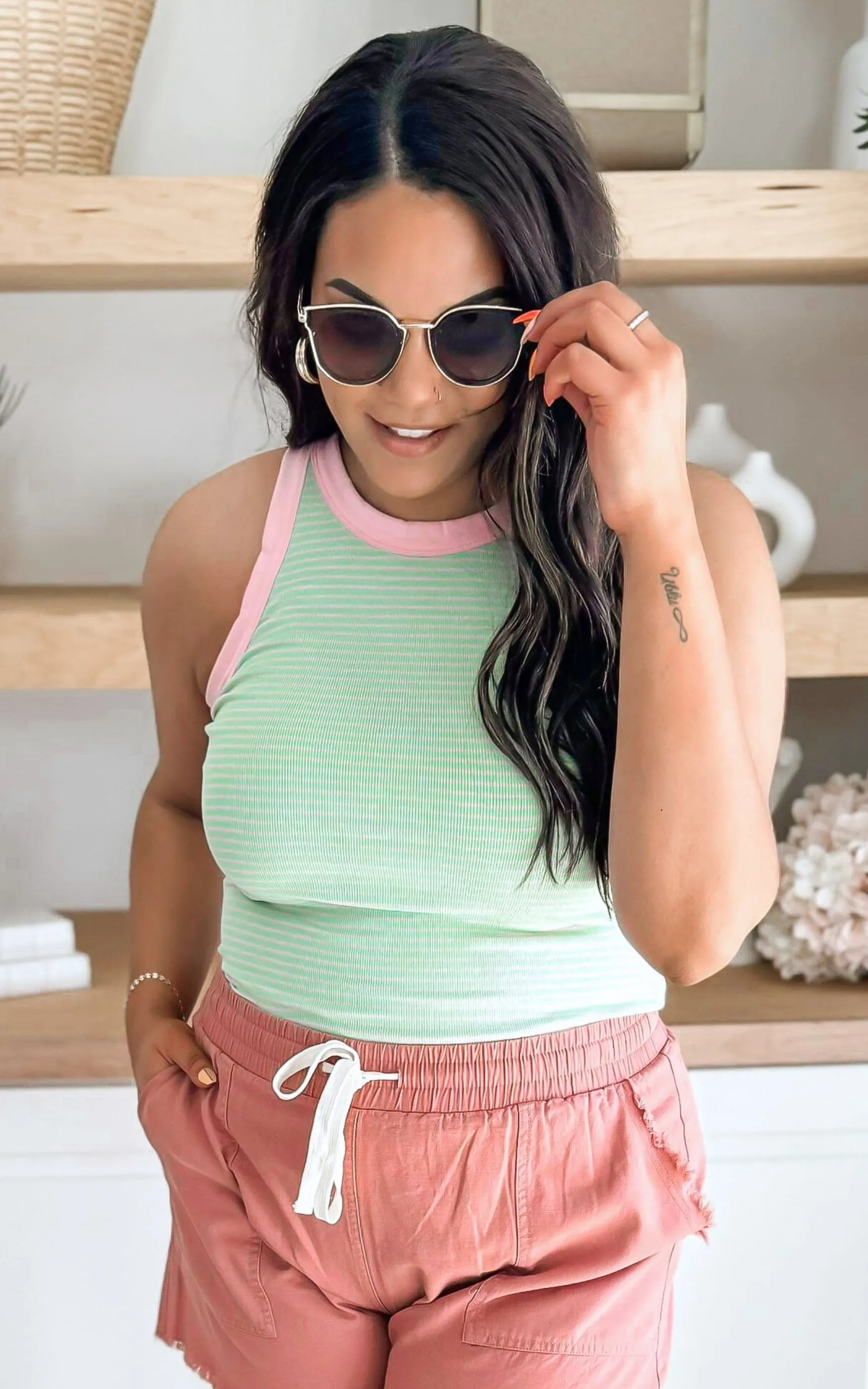 Stripe Cami Tank Top w/ Contrast Hem