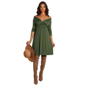 Women Fashion Long Sleeve Solid Army Green Deep V-neck Dress
