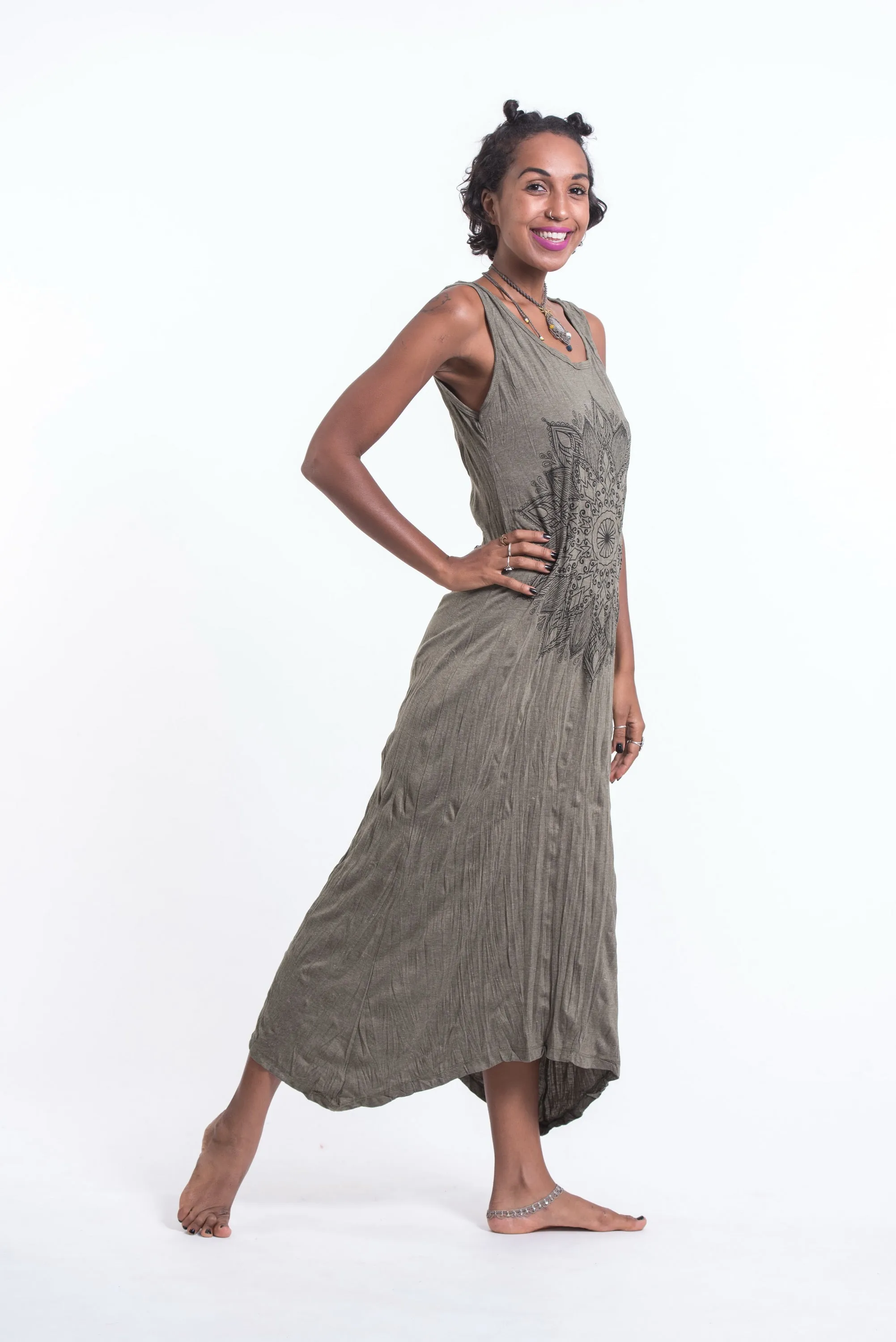 Womens Lotus Mandala Long Tank Dress in Green