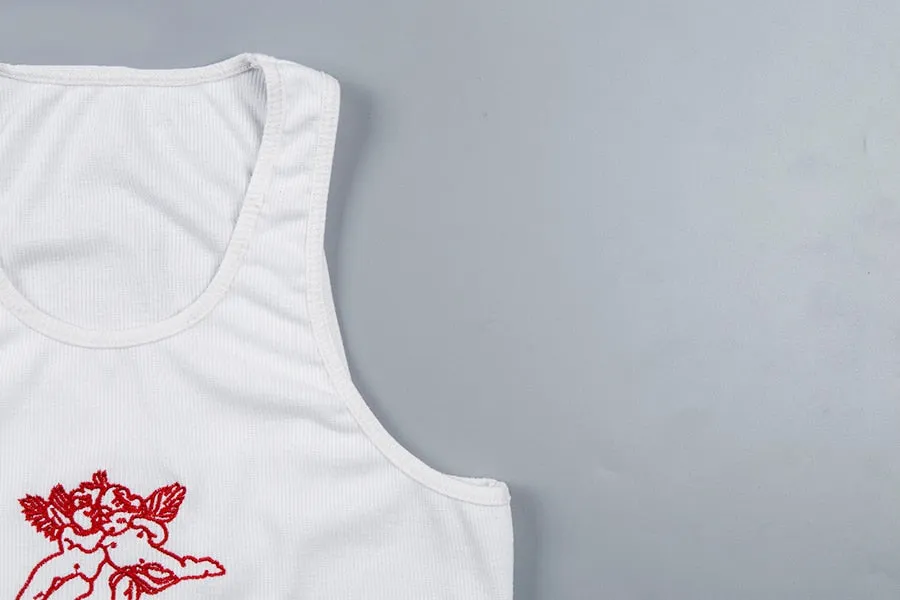 Women's Summer Sleeveless Crop Tank Top With Embroidered Cupids