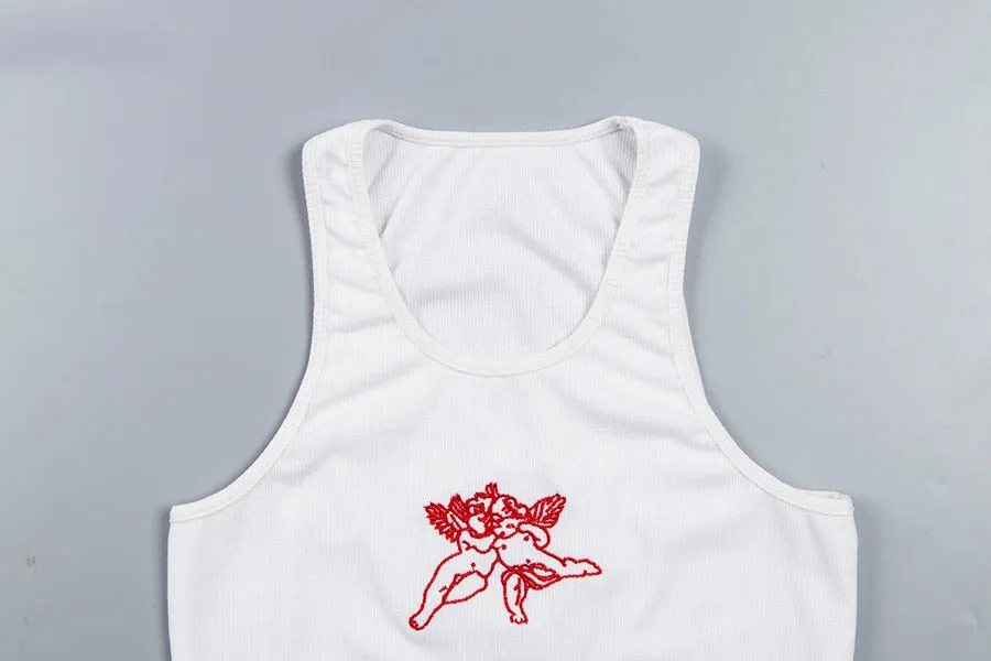 Women's Summer Sleeveless Crop Tank Top With Embroidered Cupids