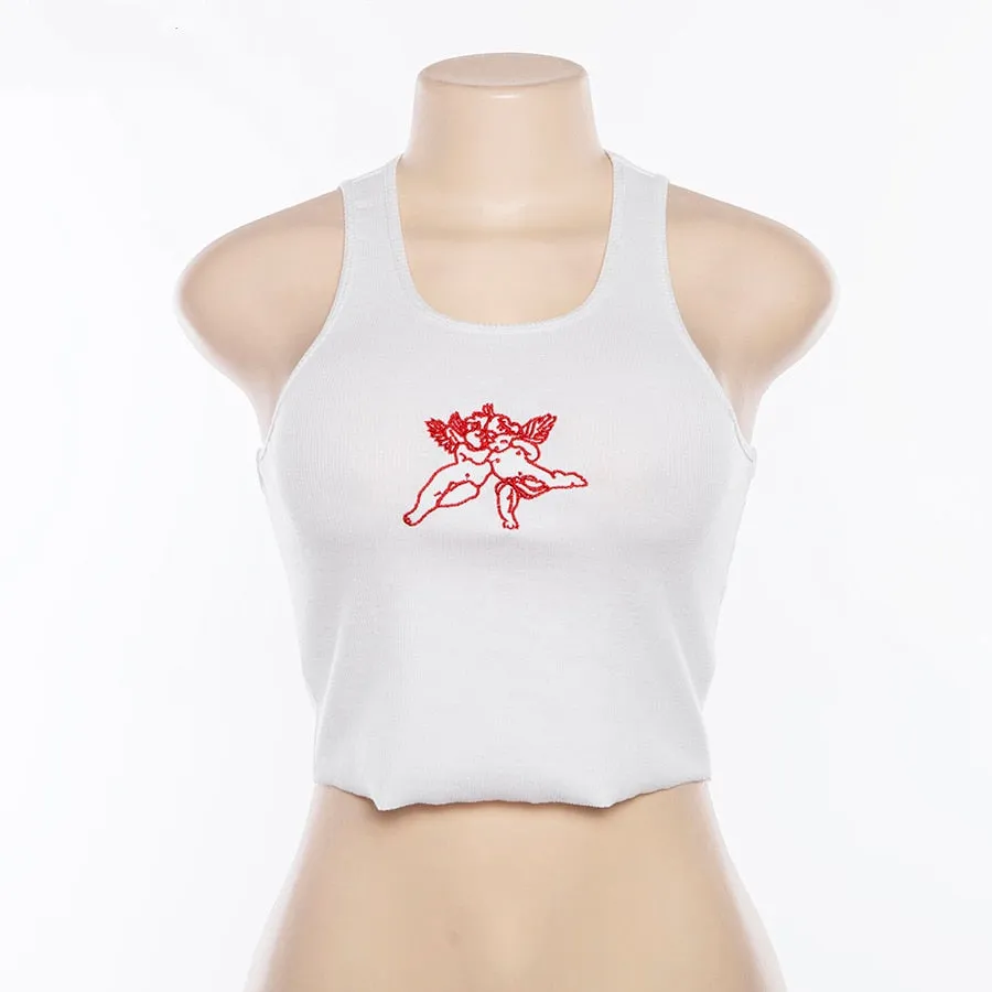 Women's Summer Sleeveless Crop Tank Top With Embroidered Cupids