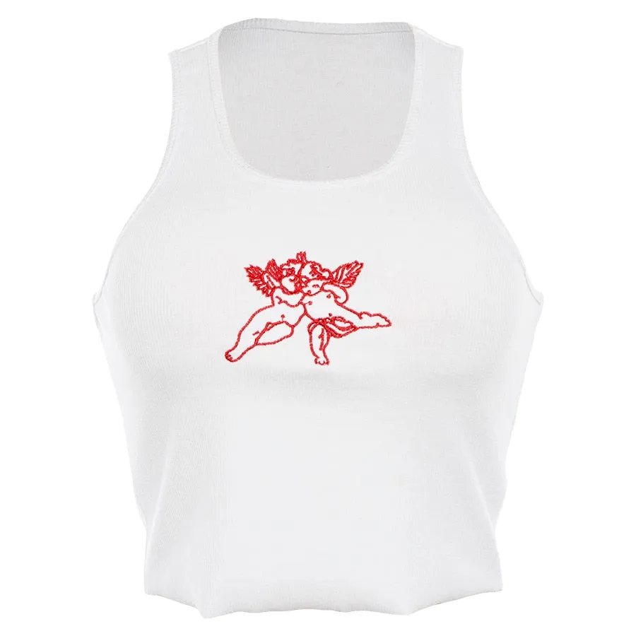 Women's Summer Sleeveless Crop Tank Top With Embroidered Cupids